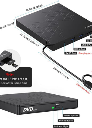 ORIGBELIE External DVD Drive, CD Drive USB 3.0 Typle C CD/DVD ROM +/-RW Adapter with USB Port DVD Burner for Laptop PC Desktop Computer, Optical Disk Drive CD Player Compatible with Mac Windows Linux