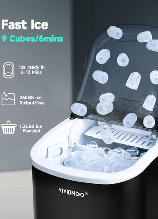 VIVIDMOO Nugget Ice Maker Countertop, 34lbs/Day, Portable Sonic Pebble Ice Maker with Self-Cleaning, Fast Ice in 6 Mins, Compact Crushed Pellet Ice Machine for Home/Office/Kitchen/RV/Camping, Black