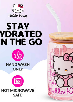 Silver Buffalo Sanrio Hello Kitty Waving Pink Glass Jar Tumbler with Bamboo Lid and Glass Straw, 16 Ounces