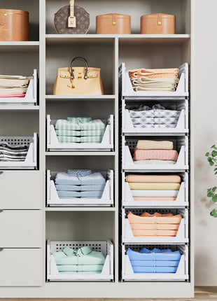 5 Pack Stackable Closet Storage Basket - Stackable Storage Bins, Multifunctional & Foldable Closet Organizer Waterproof, Wardrobe Cupboard Space-Saving Hat Storage Drawer Organizer, White