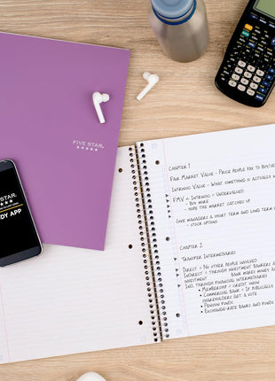 Five Star Spiral Notebook  Study App, 4 Pack, 1 Subject, College Ruled Paper, 8-1/2 inch x 11 inch, 100 Sheets, Fights Ink Bleed, Water Resistant Cover, Amethyst Purple, Raspberry Pink, White and Seaglass Green (820337-ECM)