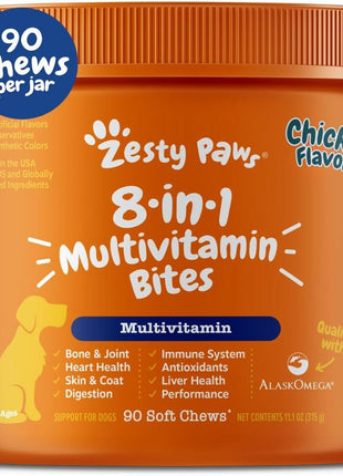 Zesty Paws Dog Multivitamin, Chewable Dog Vitamins and Supplements for Hip & Joints, Skin & Coat, Omega 3 Fish Oil for Dogs- Senior & Puppy Multivitamin- Chicken- 90ct