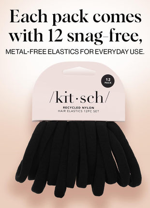 Kitsch Black Hair Ties No Damage - Strong, Stretchy Hair Bands | Soft Nylon Ponytail Holders, Snag-Free Rubber Bands, Perfect for Updos & Braids - Black, 12pcs