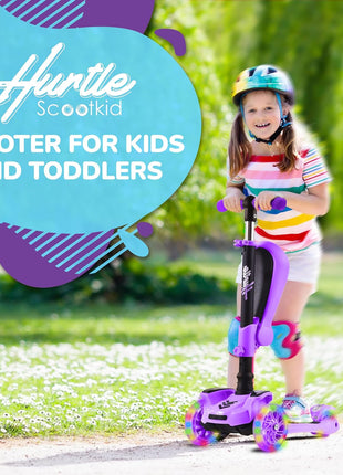 Hurtle 3-Wheeled Scooter for Kids - Wheel LED Lights, Adjustable Lean-to-Steer Handlebar, and Foldable Seat - Sit or Stand Ride with Brake for Boys and Girls Ages 1-14 Years Old