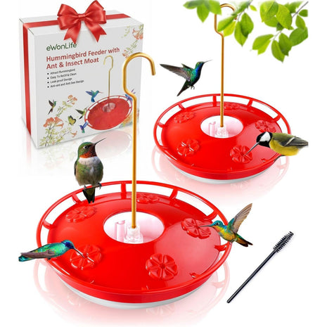 eWonLife Hummingbird Feeder for Outdoors, 2 Pack, Leak-Proof, Easy to Clean and Refill, Saucer Humming Bird Feeder Plastic, Including Hanging Hook, with 5 Feeding Ports (16 Ounce/Pack)