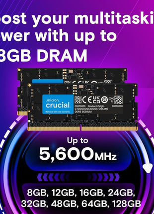 Crucial 32GB DDR5 RAM Kit (2x16GB), 5600MHz (or 5200MHz or 4800MHz) Laptop Memory 262-Pin SODIMM, Compatible with Intel Core and AMD Ryzen 7000, Black - CT2K16G56C46S5