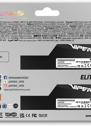 Patriot Viper Elite 5 Ultra Gaming RGB DDR5 RAM 32GB (2X16GB) 6000MT/s CL28 1.4v UDIMM Desktop Gaming Memory Kit Compatible with Intel XMP AMD Expo - VEUR532G6028K