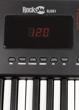RockJam Compact 61 Key Keyboard with Sheet Music Stand, Power Supply, Piano Note Stickers & Simply Piano Lessons