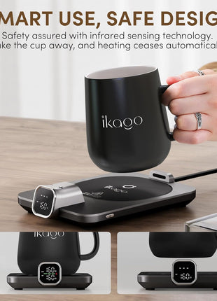 Coffee Mug Warmer & iKago Mug Set, Accurate Temperature Control Smart Heated Mug for Desk, Electric Coffee Warmer with Auto Shut Off & Real-Time Temp Display, Gifts for Men Women, 15oz Ceramic Mug
