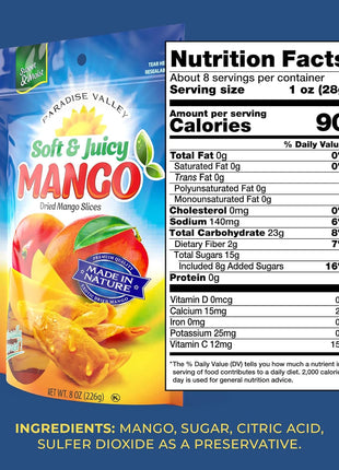 Dried Mango Slices - Delicious Texture Soft & Juicy Low Sugar Added Dried Mango - Naturally Ripened Mangos Dried Fruits - Gluten Free Dry Mangoes Natural Source of Vitamin C, Fiber, 16 oz (16 Single Pack)