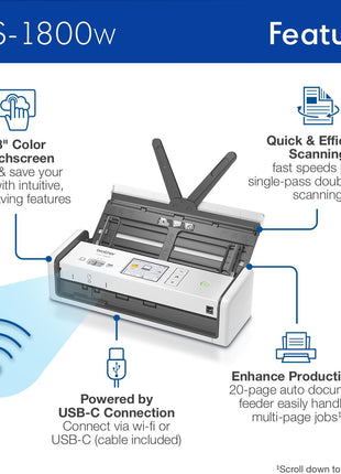 Brother ADS-1800W Wireless Compact Desktop Scanner | Scan Speeds of Up to 30ppm | 2.8" Color Touchscreen