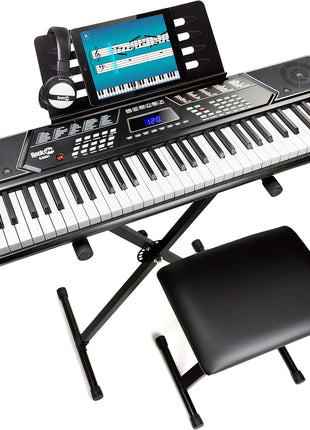 RockJam 61 Key Keyboard Piano Stand With Pitch Bend Kit, Piano Bench, Headphones, Simply Piano App & Keynote Stickers