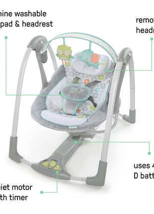 Ingenuity Swing 'n Go 5-Speed Baby Swing - Foldable, Portable, 2 Plush Toys & Sounds, 0-9 Months 6-20 lbs (Hugs & Hoots)