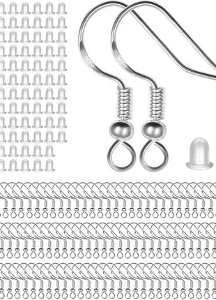 925 Sterling Silver Earring Hooks 120 PCS/60 Pairs, Ear Wires Fish Hooks, Hypo-allergenic Jewelry Findings Parts with 120 PCS Clear Silicone Earring Backs