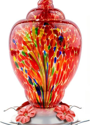 WOSIBO Hummingbird Feeder for Outdoors Patio Large 32 Ounces Colorful Hand Blown Glass Hummingbird Feeder with Ant Moat Hanging Hook, Rope, Brush and Service Card (RED-Firework)