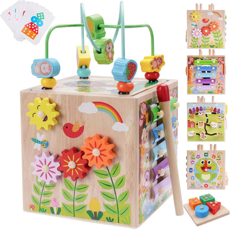 Wooden Activity Cube | Montessori Toys for 1 2 3 Year Old Toddler Gifts | One Year Old 1st First Birthday Gift | Educational Toys for 12+ Months Baby Boys Girls | Bonus Sorting & Stacking Game (Blue)