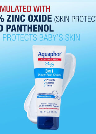 Aquaphor Baby Diaper Rash Cream, 3-in-1 Diaper Rash Relief, 3.5 Oz Tube, (Pack of 3)