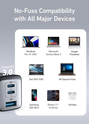 Anker USB C Charger(Nano II 65W), PPS 3-Port Fast Compact Foldable Wall Charger for MacBook Pro/Air, iPad Pro, Galaxy S20, Dell XPS 13, Note 20/10+, iPhone 16/16 Pro, Steam Deck, and More