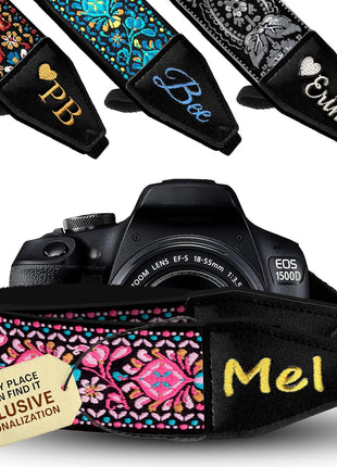 Camera Strap - Shoulder, Crossbody & Neck Camera Strap for Photographers, Fits All Cameras, Canon Nikon Sony Fujifilm, Padded Strap W/ Quick Release, Embroidered Cotton & Leather Ends, Blue
