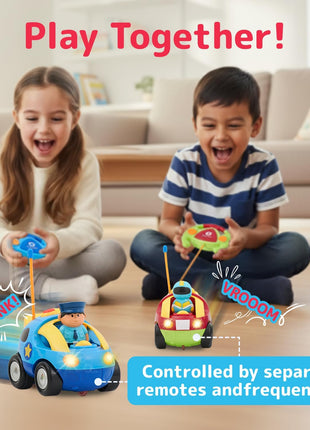 PREXTEX 2 Pack Cartoon Remote Control Cars for Toddlers - Police Car and Race Car with Steering Wheel Controllers and Lights - Different Frequencies Racing Together - Easter Toddler Gift 18+ Months.
