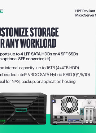 Hewlett Packard Enterprise ProLiant MicroServer Gen11 Tower Server, Intel Pentium Gold G7400 Processor, 16GB Memory, 1TB HDD Storage, External 180W US Power Supply (HPE Smart Choice P74439-005)