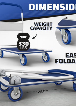 Heavy Duty Foldable Push Cart Dolly | 330 lbs. Capacity | Upgraded Collapsible Hand Truck Folding Platform with Swivel Wheels | Flat Bed Moving Wagon | Space Saving Push Handle (Blue)