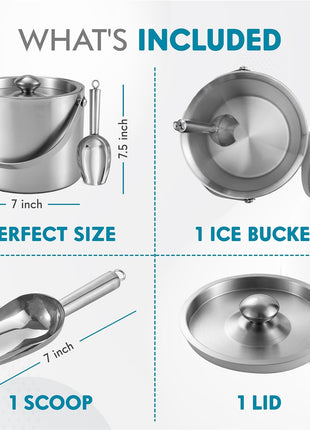 Ice Bucket (3 Liter) Stainless Steel Double Wall Insulated Ice Bucket with Lid & Scoop, Ice Buckets for Parties, Handle, Keeps Ice Cold for Hours, Great for Wine, Champagne, Cocktails (Silver)
