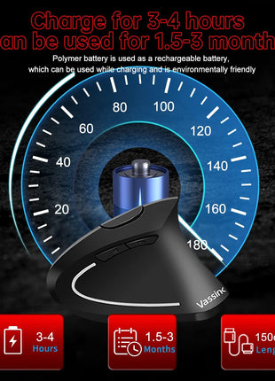 Vassink Ergonomic Mouse, Rechargeable Wireless Mouse, 2.4GHz Rechargeable Wireless Vertical Optical Mice with USB Receiver, 6 Buttons for Laptop, PC, Computer Black