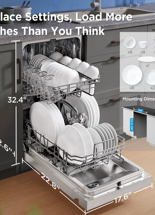 Midea 18 Inch Built-in Dishwasher, Slim Space-Saving Design with 8 Place Settings, 6 Washing Programs & Stainless Steel Tub, Energy Star Certified Dishwasher with Heated Dry & High Temp Wash, Silver