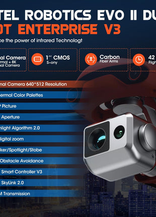 Autel Robotics EVO II Dual 640T Enterprise V3 w/Strobe/Spotlight/Loudspeak | 640*512 30Hz T~hermal&8" RYYB CMOS Sensor,10 Color Schemes, 4X lossless Zoom, 42 Min,15KM, Support Remote ID