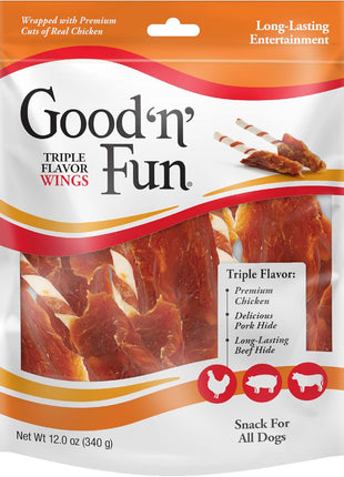 Good 'n' Fun Triple Flavor Wings Chews for All Dogs, 12 Ounces, Treat Your Dog to Long-Lasting Chews Made from Chicken, Pork Hide and Beef Hide