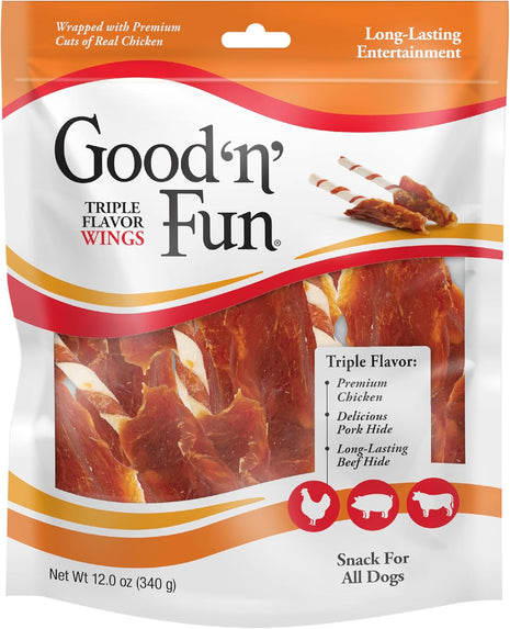 Good 'n' Fun Triple Flavor Wings Chews for All Dogs, 12 Ounces, Treat Your Dog to Long-Lasting Chews Made from Chicken, Pork Hide and Beef Hide