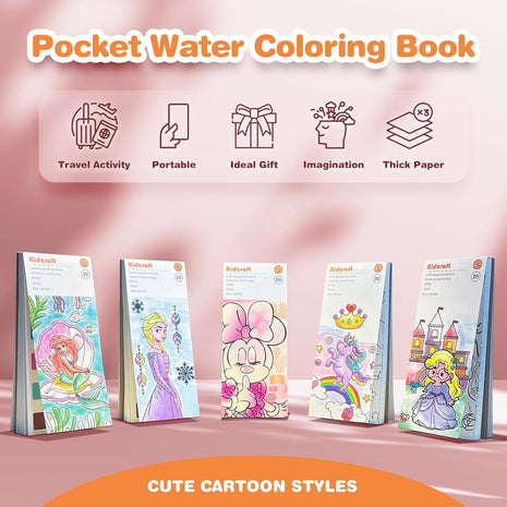 Paint with Water Coloring Books for Kids, Pocket Mess Free Watercolor Painting Sets for Toddlers, Art and Craft Drawing Activities Gifts for Kids Ages 4 5 6 7 8+, Travel Activity Toys - Princess