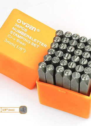 OWDEN Professional 36Pcs. Steel Metal Stamping Tool Set,(1/8 inch) 3mm,Steel Number and Letter Punch Set,Alloy Steel Made HRC 58-62 for Jewelry Craft Stamping.