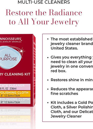 CONNOISSEURS All-Purpose Jewelry Cleaning Kit - Includes Delicate Jewelry Cleaner Solution and 2 Polishing Cloths