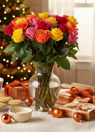 Benchmark Bouquets - Roses Bouquet Assorted Colors - Fresh Flowers for Delivery - Two Dozen Long Stem Roses - Live Flowers - Gift Roses in a Box - Birthday Flowers for Women (Glass Vase Included)