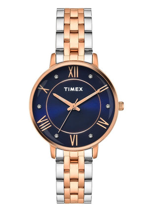 TIMEX Analog Watch for Women with Blue Round Dial & Two Tone Stainless Steel Bracelet Band Water Resistant Women's Wrist Watches - TWEL19110