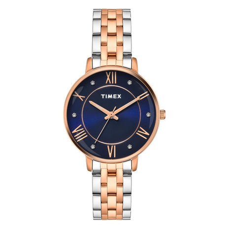 TIMEX Analog Watch for Women with Blue Round Dial & Two Tone Stainless Steel Bracelet Band Water Resistant Women's Wrist Watches - TWEL19110