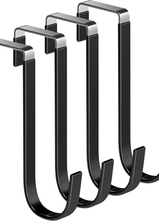Mars-Rock Single Over Door Steel Hooks 4 Pack Fit 1-3/8" Door 5.5" Black | Plastic Coated Rubber Feel Towel Rack Robe Coat Shoe Wreath Hanger No Damage No Scratch for Bathroom Heavy Duty Thin Top