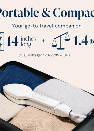 Nori Press Travel Steam Iron - Handheld Iron with 6 Fabric Settings - White | Optional steam feature, no ironing board required, removes wrinkles, easy to use, user manual included