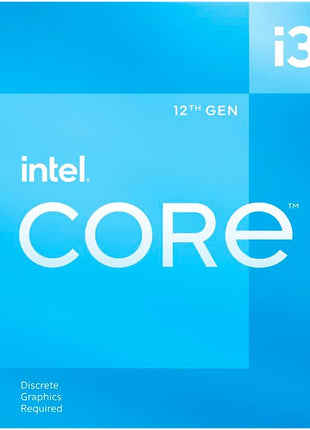 Intel® CoreTM 12th Gen i3-12100F desktop processor, featuring PCIe Gen 5.0 & 4.0 support, DDR5 and DDR4 support. Discrete graphics required.