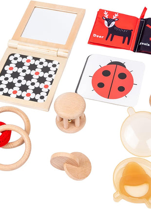 Adena Montessori Play Kit for 3-4 Months Baby,8 in 1 Wooden Learning Educational Toys for Toddler,Include Framed Mirror Book,High-Contrast Cards and More,Christmas Birthday Gift for Boys Girls