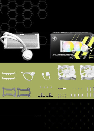 MSI MAG CoreLiquid E240 White - AIO ARGB CPU Liquid Cooler - Rotating Cap Design - 240mm Radiator - Dual 120mm ARGB PWM Fans - LGA 1700/1851 / AM5/AM4 Compatible