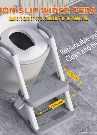SKYROKU Potty Training Toilet, 2-in-1 Anti-Slip Seat with Step Stool | Wide anti-slip base holds 200+ lbs.Fits round & elongated toilets,6 heights.Tall splash guard stops leaks.Folds to step stool