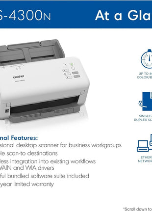 Brother ADS-4300N Professional Desktop Scanner with Fast Scan Speeds, Duplex, and Networking,White