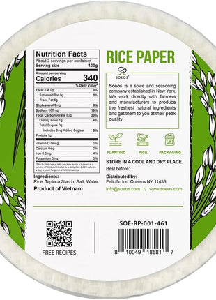 Soeos Rice Paper, White Rice Paper Wrappers, 1 Pack, 34 Sheets Fresh Spring Roll Wrappers & Dumplings, Non GMO, Gluten Free, Low Carb, Vietnamese Rice Wraps (Round, 22cm)