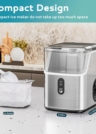 EUHOMY Nugget Ice Makers Countertop, Pebble Ice Maker Machine with 34lbs/24H Soft Ice, Self-Cleaning Sonic Ice Maker with Ice Scoop&Basket, Pellet Ice Maker for Home/Kitchen/Office(Stainless Steels)