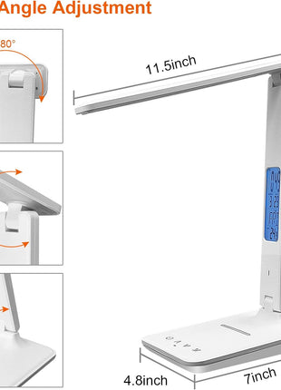 Desk Lamp with Wireless Charger, USB Charging Port, Dimmable Office Desk Light with Clock, Alarm, Date, Temperature, Foldable Lamp for Table Bedroom Bedside Office (White)