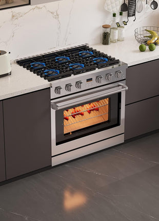 36 Inch Freestanding Dual Fuel Range Oven Stove, 6.0 Cu. Ft True Convection and Self Clean, Cooktop 6 Sealed Gas Burners, Stainless Steel
