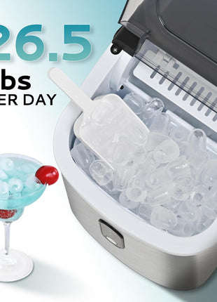 EUHOMY Ice Maker Countertop, Portable Ice Machine with Carry Handle, 26.5lbs Per Day, 9 Cubes in 6 Mins, Auto-Cleaning, with Basket and Scoop, for Home, Kitchen, Camping, RV (Silver)